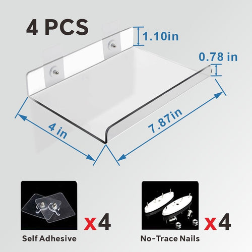 4-Pack Clear Acrylic Floating Shelves with Adhesive & No-Trace Nails - Ultimate No Drill Wall Mounted Display & Storage Organizer for Bathroom, Bedroom, Living Room, Office, 7.87" X 4" (4, U-Shape)