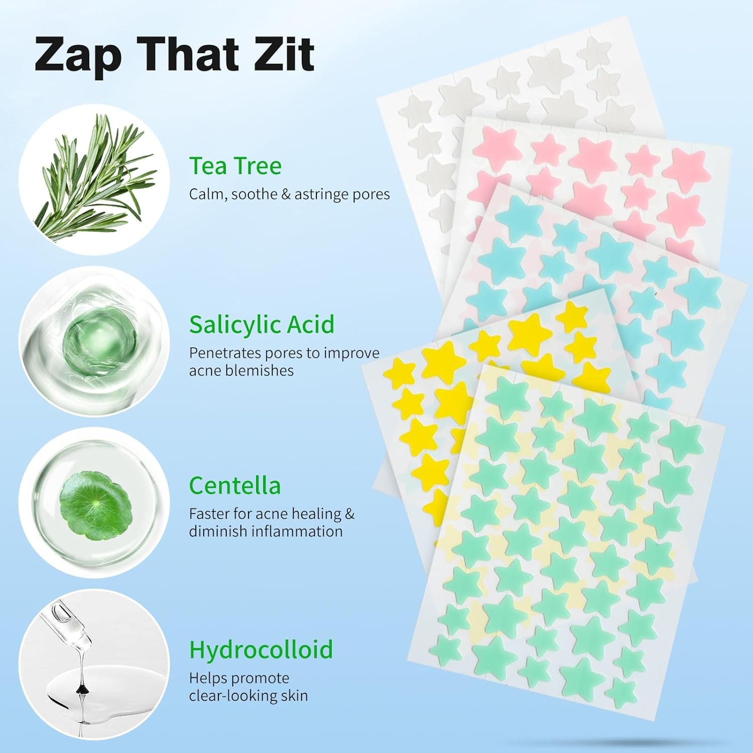 Pimple Patches for Face, Hydrocolloid Acne Patches, Cute Star Zit Covers, Colorful Spot Stickers with Tea Tree, Salicylic Acid & Cica Oil| 3 Sizes (10Mm, 12Mm & 14Mm) |200 Count