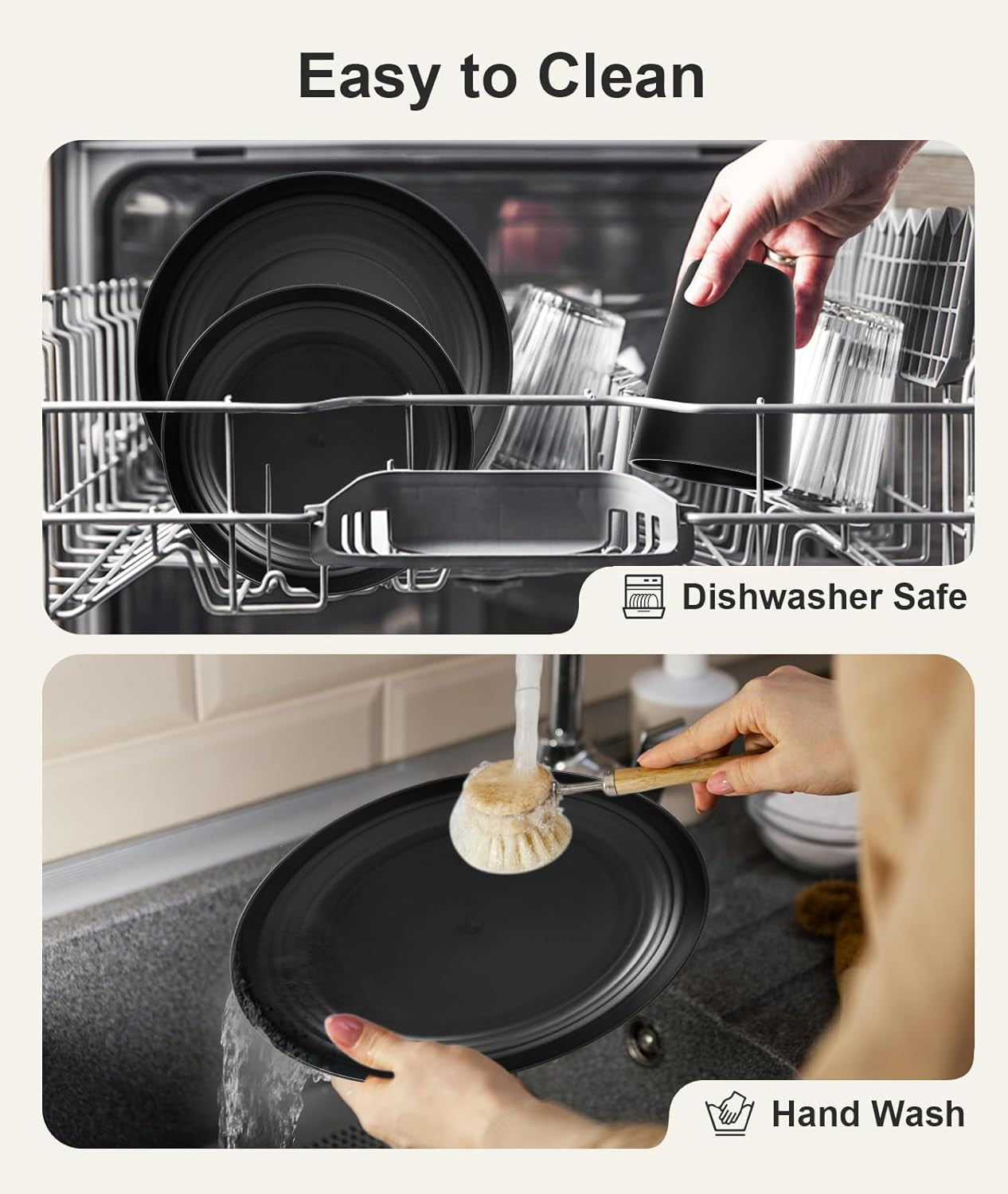 32 Piece Plates and Bowls Sets for 8, Unbreakable Dinnerware Sets, Dish Set for Camping, Dishwasher Microwave Safe, Outdoor Kitchen and Apartment Dinning RV Essentials, Black