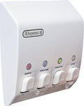 Classic Shower Dispenser 4 Chamber, Wall Mount Shower Shampoo and Soap Dispenser for Bathroom Hotel Body Wash, No Drill Adhesive, 4 X 14.5 Oz, 9.5" X 3" X 10.75", White