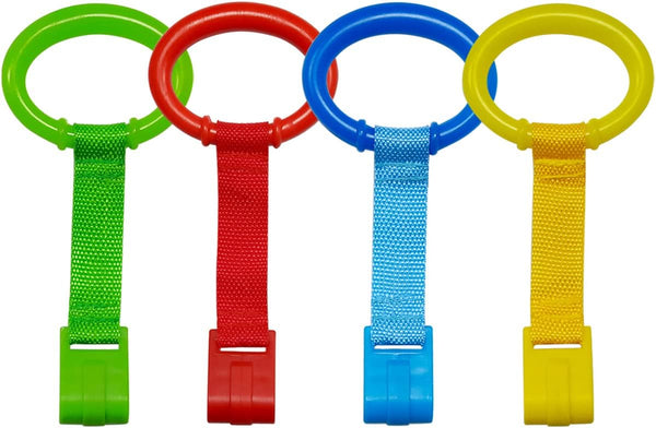 4 PCS 4 Colors Plastic Baby Crib Pull Rings Kids Walking Exercises Assistant Stand up Cot Hanging Rings for Infant Baby Toddler Practice Tool