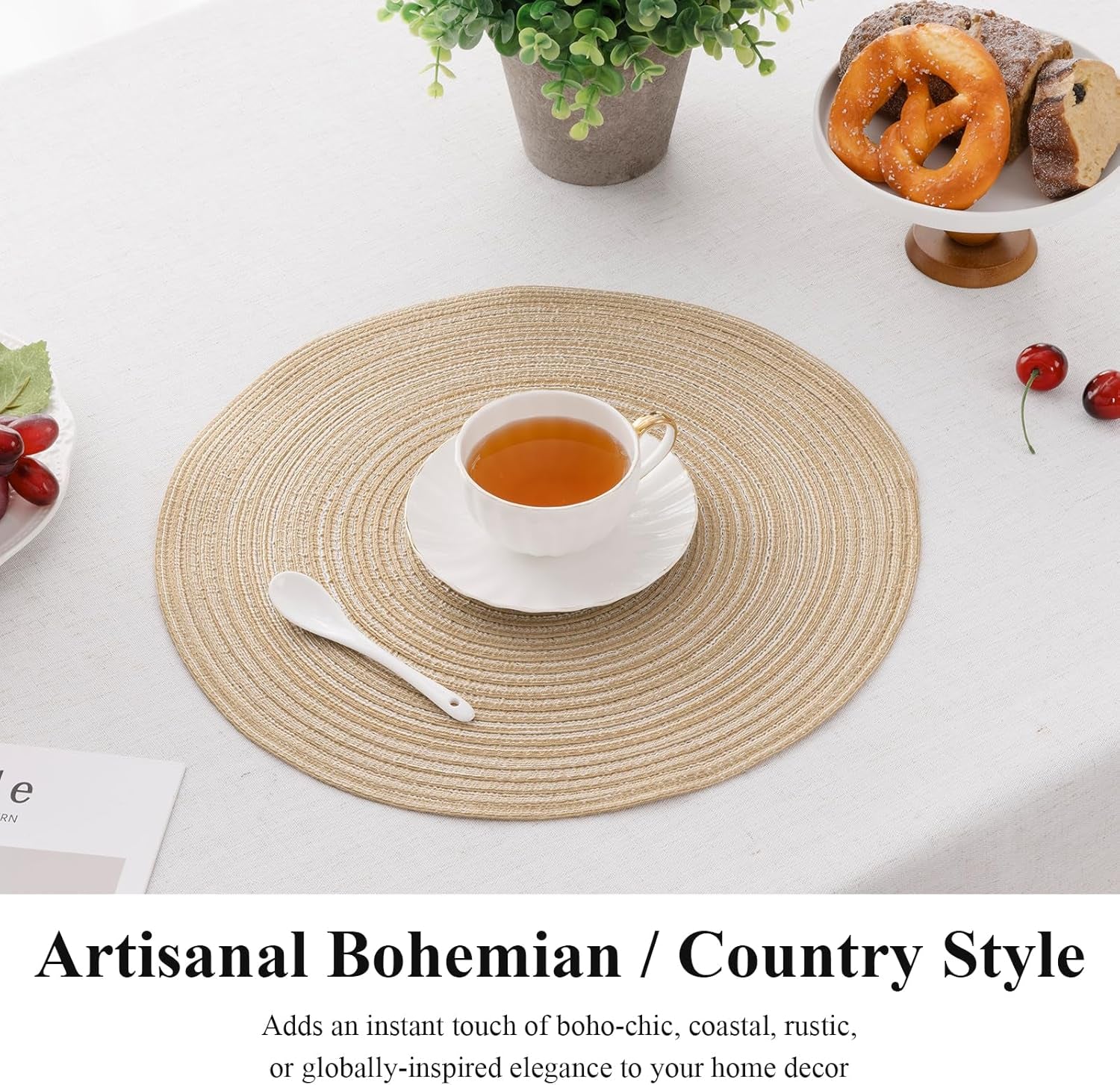 15 Inch round Placemats Set of 6, Cotton Polyester Woven Braided Place Mats, Washable Heat Resistant Circle Table Mats Dining Table Decor (Beige, 6)