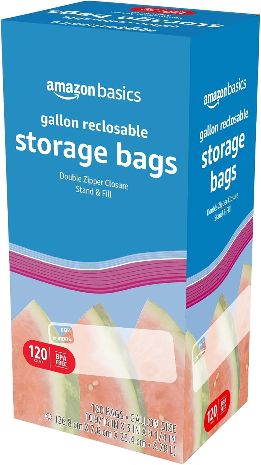 Reclosable Gallon Food Storage Bags with Double Zipper Seal, Stand and Fill Base, BPA Free, 120 Count