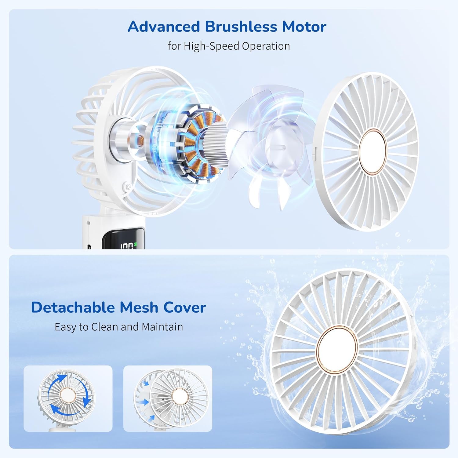 Portable Handheld Fan, USB Rechargeable Foldable Mini Personal Fan, 5200Mah, 180 Adjustable, 6 Speed Wind, 3 in 1 Hand Cooling Desk Fan with LED Display for Home Office School Outdoor Travel, White