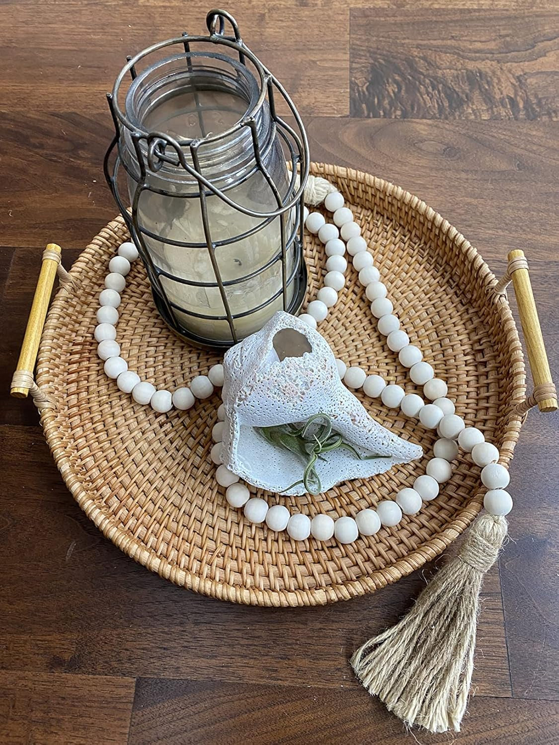 60 Inches Wood Bead Garland,Wooden Beads with Tassels,Farmhouse Beads Rustic Prayer Beads Boho Beads for Farmhouse Tiered Tray Coffee Table Mantel Decor (1 Pack)