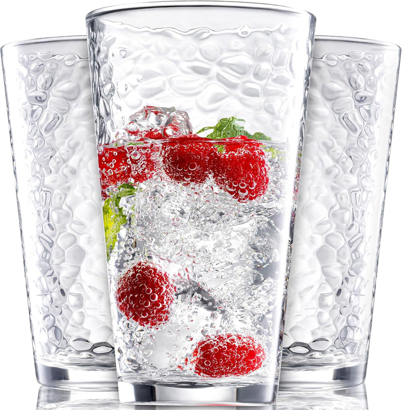 Set of 10 Hammered Glass Cups, 16Oz. Dishwasher Safe Cocktail Drinking Glasses - Clear Heavy Base Stemmed Water Glasses, Tall Beer Glasses, Bar Glass, Juice, Iced Tea, Margarita, & Everyday Drinks.