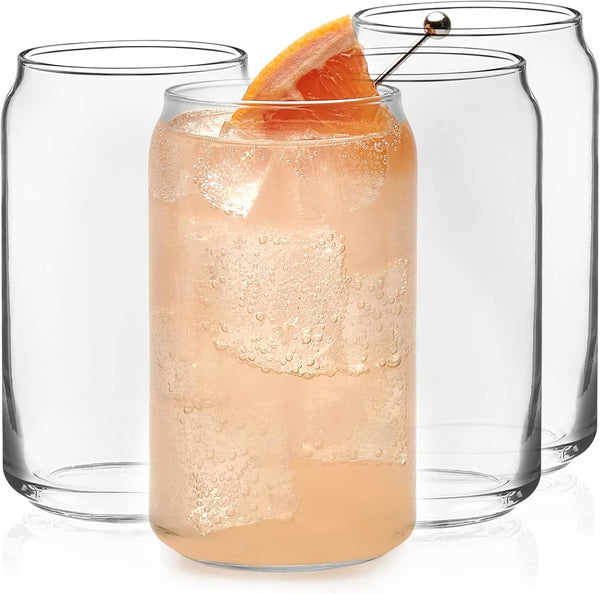 Classic Can Shaped Drinking Glasses Set of 4, Clear Kitchen Glass Tumbler, 16 Oz, Dishwasher Safe Glass Beer Cups for Beverages and Cocktails