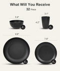 32 Piece Plates and Bowls Sets for 8, Unbreakable Dinnerware Sets, Dish Set for Camping, Dishwasher Microwave Safe, Outdoor Kitchen and Apartment Dinning RV Essentials, Black