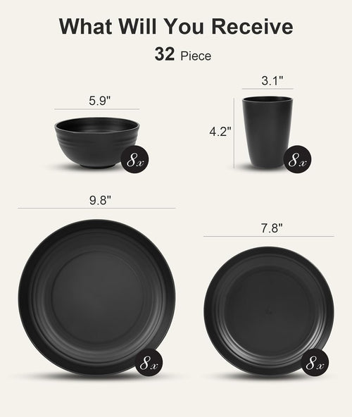 32 Piece Plates and Bowls Sets for 8, Unbreakable Dinnerware Sets, Dish Set for Camping, Dishwasher Microwave Safe, Outdoor Kitchen and Apartment Dinning RV Essentials, Black