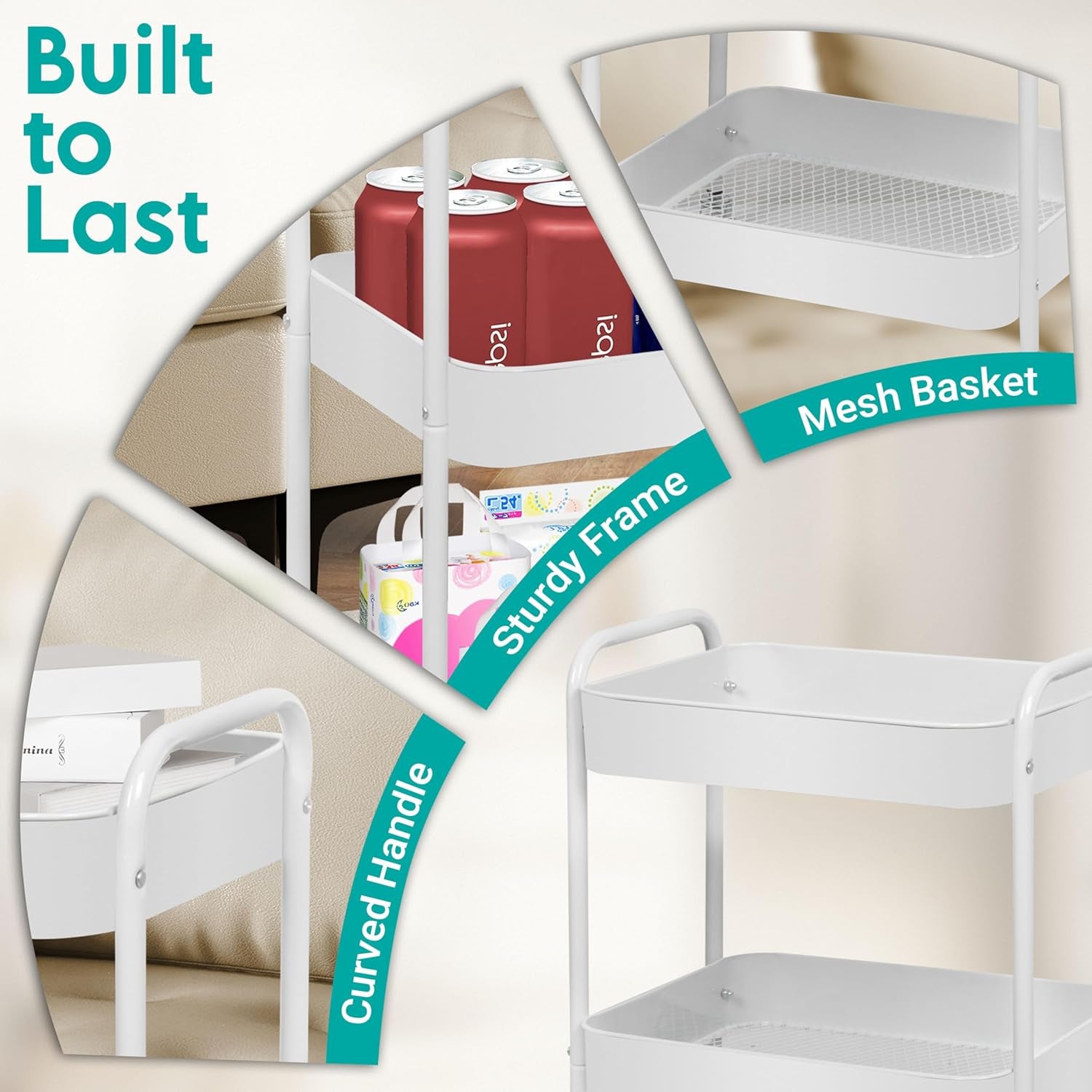 3 Tier Rolling Cart, Metal Utility Cart with 4 Hooks, Rolling Storage Cart on Wheels, Small Organizer Cart for Nursery, Kitchen, Living Room, Bathroom, White