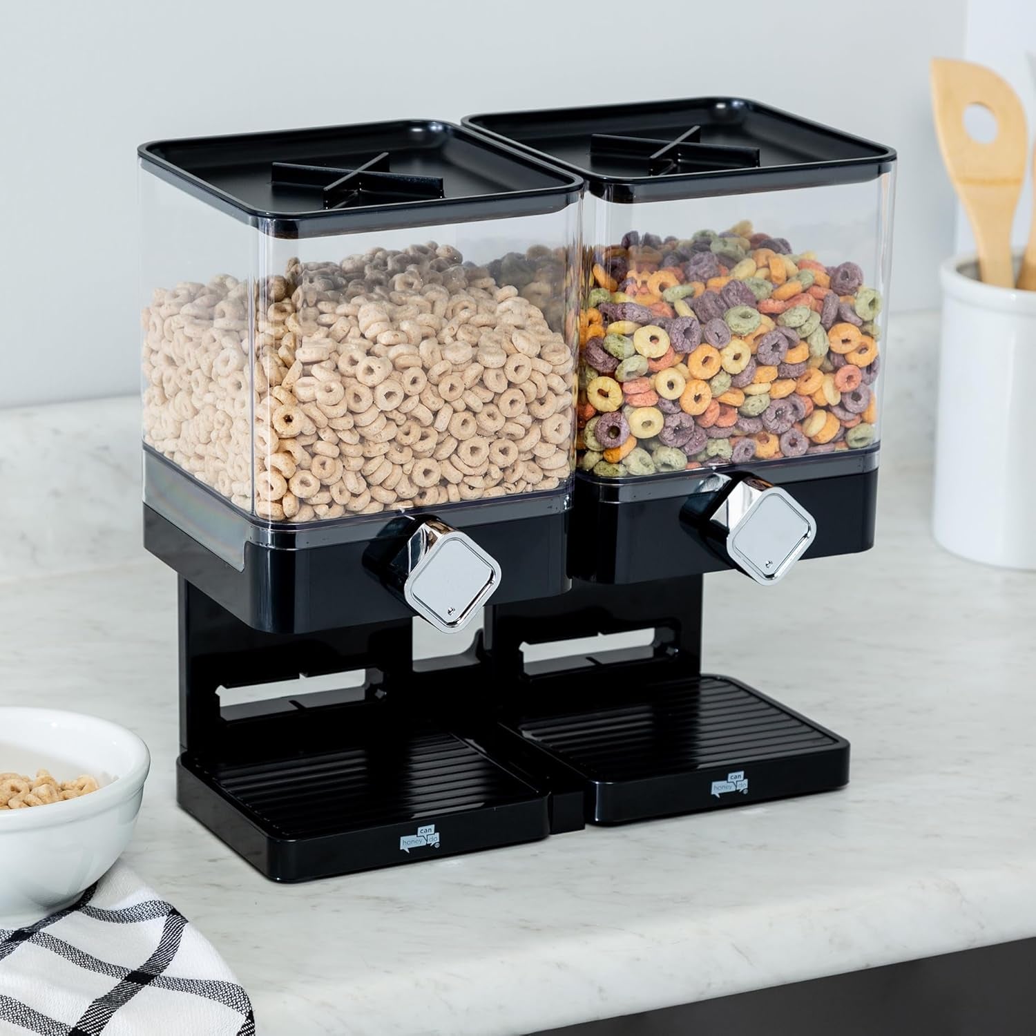 Compact Dry Food Dispenser, Dual Control, Black/Chrome