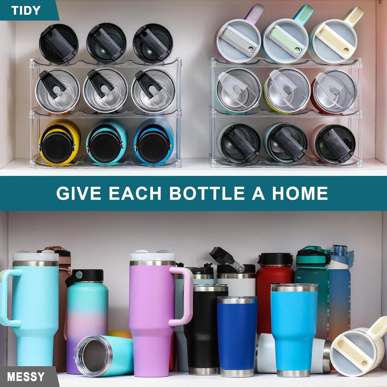 LARGER Compartment - Stackable Water Bottle Organizer Holder - for Stanley & Others' Large Tumbler - Clear Wine Rack, Cup Bottle Holder for Cabinet Home Countertop Fridge Pantry Shelf, 3 Tier Hold 9