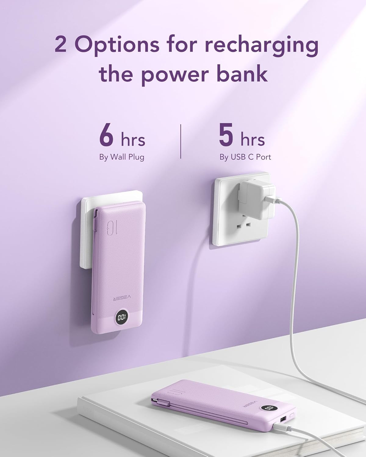 Portable Charger with Built-In AC Plug and Cables, All in One 10000Mah Ultra Slim Power Bank Travel Essentials, Fast Charging Battery Pack Compatible with Iphone, Samsung, Android (Purple)