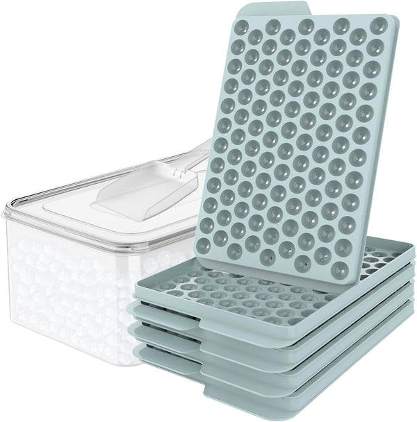 Mini Ice Cube Trays, 0.55” Tiny Pebble Ice for Iced Coffee & Cocktails, Fast Chill, Easy Twist Release, Stackable with Lid & Storage Bin (4 Pack, Blue)