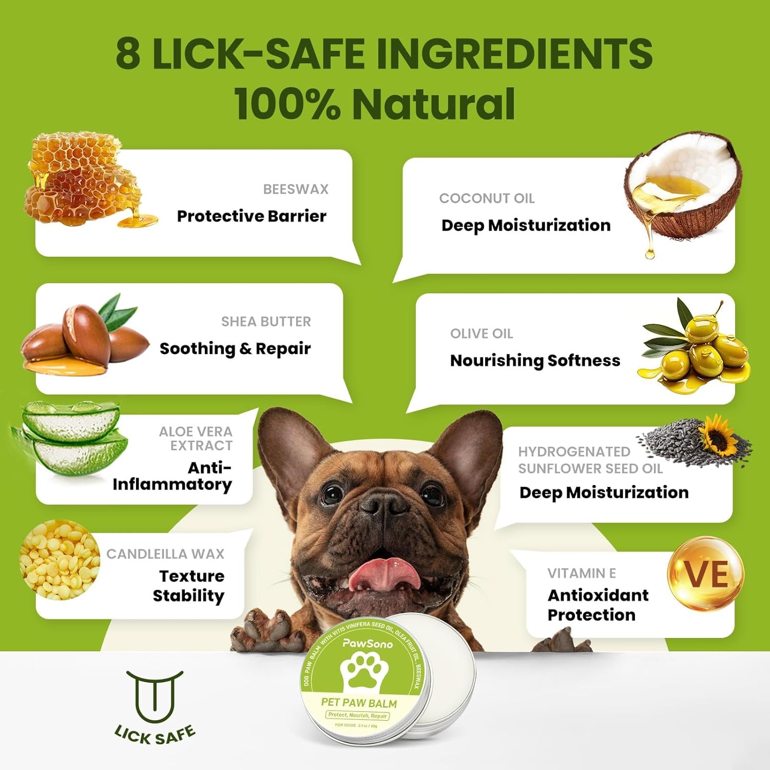 Lick-Safe Dog Paw & Nose Balm with Coconut Oil | All-Natural Moisturizer & Soother for Dry, Cracked Pads & Snout | Heat & Cold Pavement Protection Wax, Nose Butter for Bulldogs (2.1 Oz / 60 G)