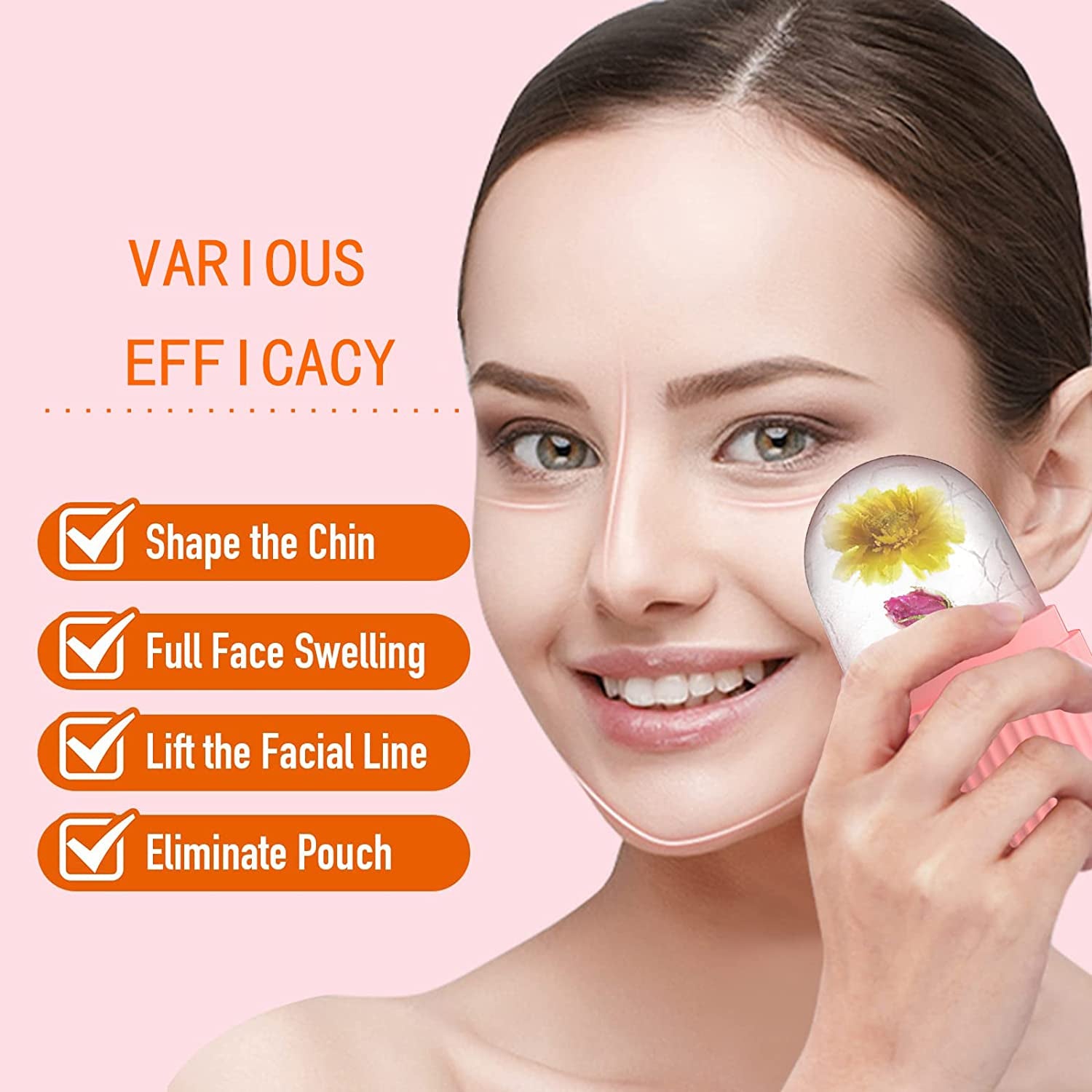 Ice Cube Roller Massager for Face, Eyes and Neck Naturally Conditioning and Skin Care,De-Puff Eye Bags,Reduce Migraine Pain,Reusable Massage Silicone Ice Mold (Pink)