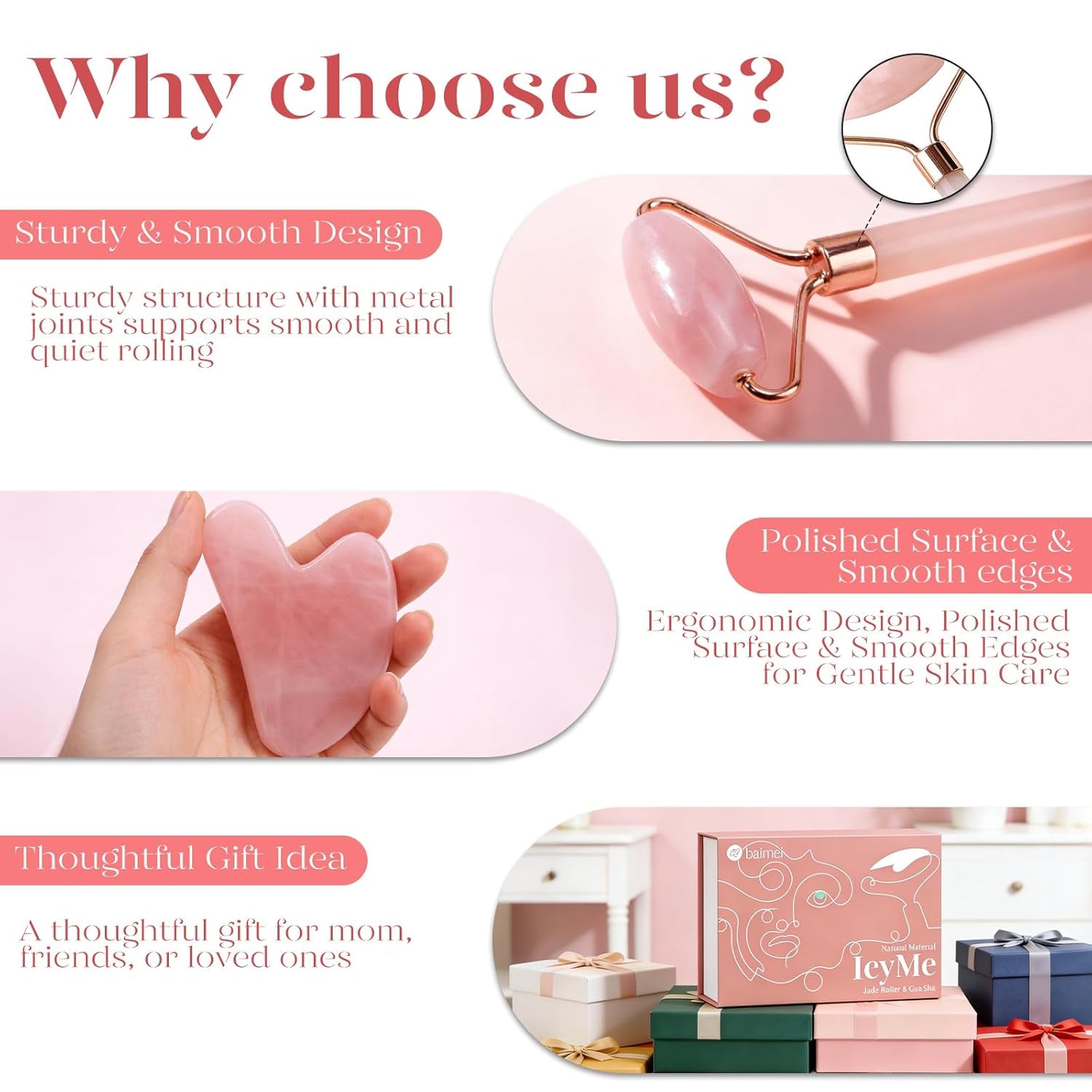 Icyme Rose Quartz Roller & Gua Sha Set, Cooling Face Roller for Depuffing & Lymphatic Massage, Sculpting Tool for Face, Eyes & Neck, Smooth Skincare Gift for Women and Men