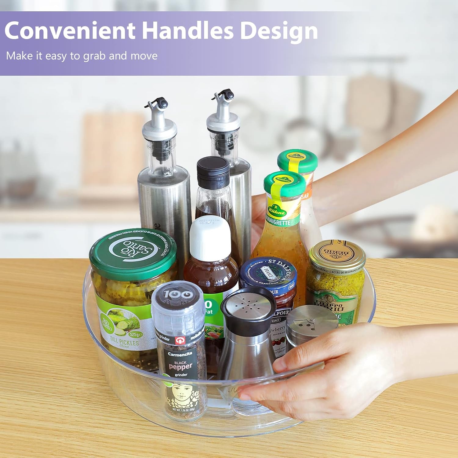 4 Pack Lazy Susan Organizer for Cabinet, Upgraded 11.5" Clear Turntable Organizer with Handles and Raised Edge, Lazy Susan for Table Top, Pantry Organizers and Storage for Kitchen, Refrigerator