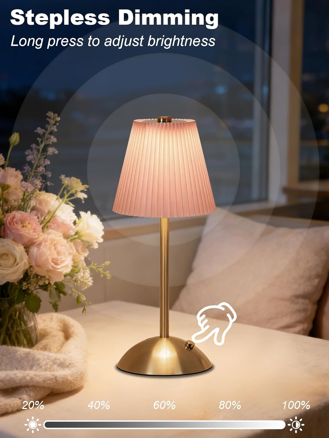 Cordless Table Lamp,Touch Led Reading Light,Small Desk Lamp with 3 Colors,Portable Battery Operated Light with Fabric Shade,Dimmable Night Light for Bedroom Living Room Office(Pink)