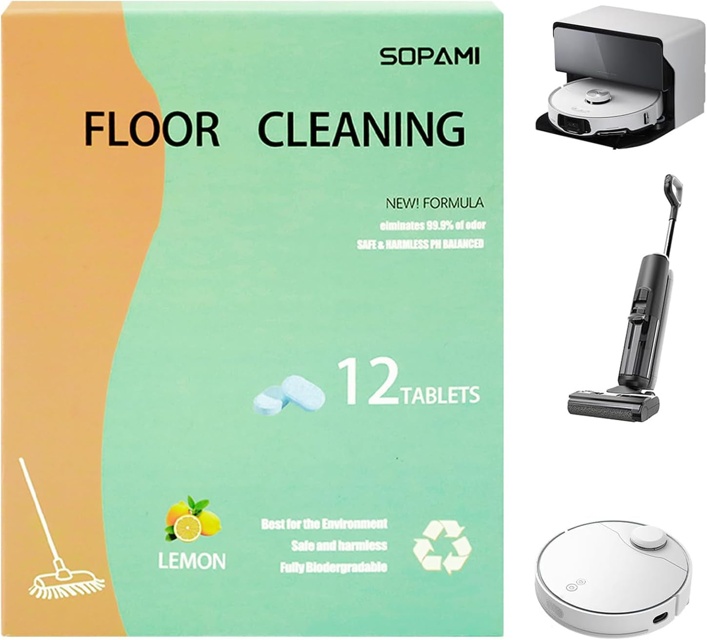 12Pcs Floor Cleaning Solution Tablet Deep Cleans for Multiple Hard Floors, Tile and Vinyl Floorsï¼ŒSuitable with All Robot Vacuums with Mopping and Cordless Wet/Dry Vacuum Mop Cleaner Lemon Scent