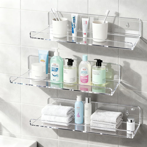 4-Pack Clear Acrylic Floating Shelves, Space-Saving Invisible Wall Shelves for Bathroom Kitchen Office Living Room, Modern Decor Set