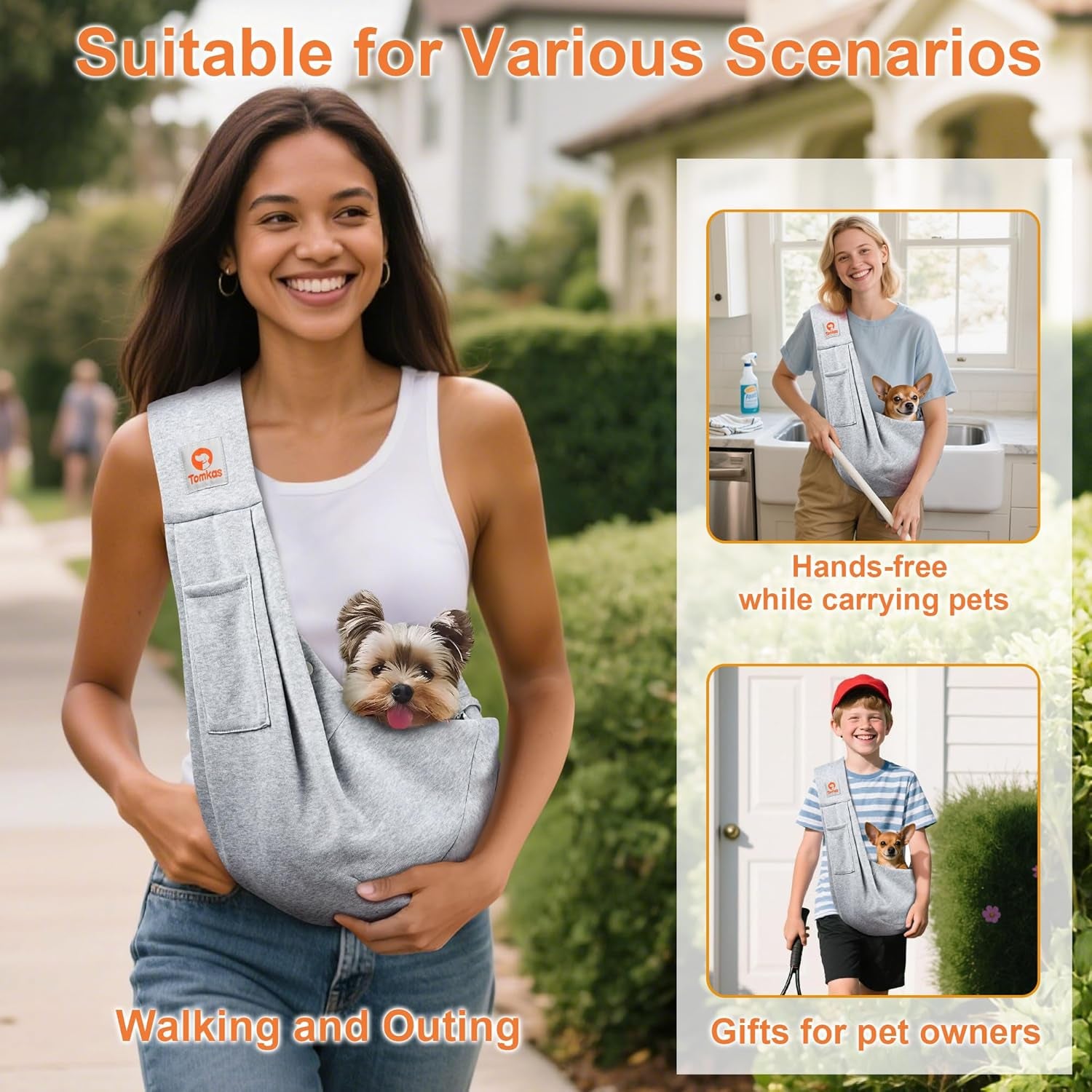 Small Dog Cat Sling Carrier Puppy Purse Travel Wrap Soft Crossbody Pet Bag (Gray, M - Classic Pocket & Classic Strap)