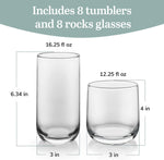 Ascent Tumbler and Rocks Drinking Glasses Set of 16, Glass Drinking Glasses with Curvature, Versatile Glassware Set for Parties and More