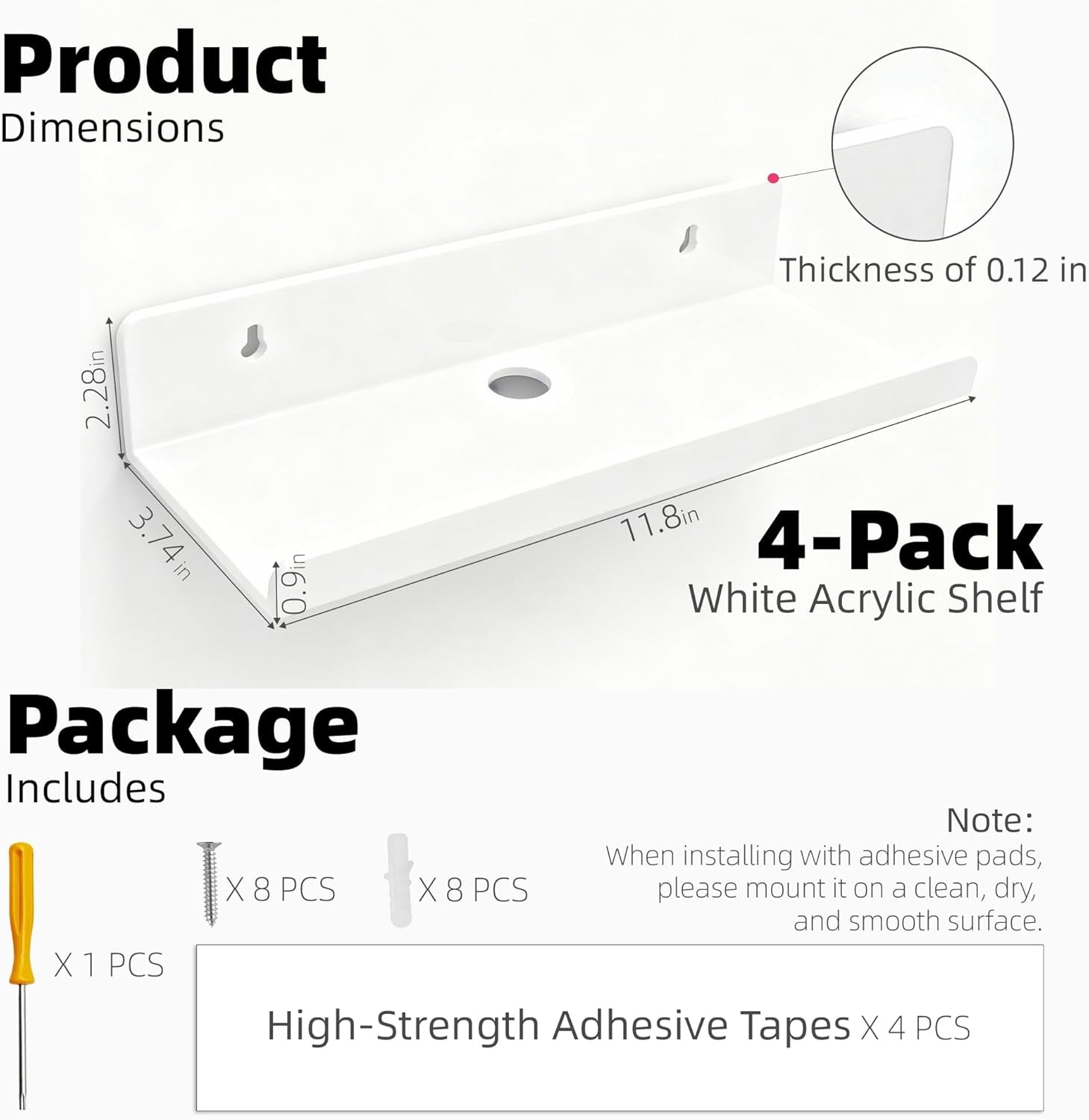 Acrylic Floating Shelves, Adhesive Wall Mount Command Shelves for Bathroom, Kitchen, Dorm - Renter-Friendly Easy Install Wall Shelves for Home Decor and Organization (Glossy White-4 Pack)