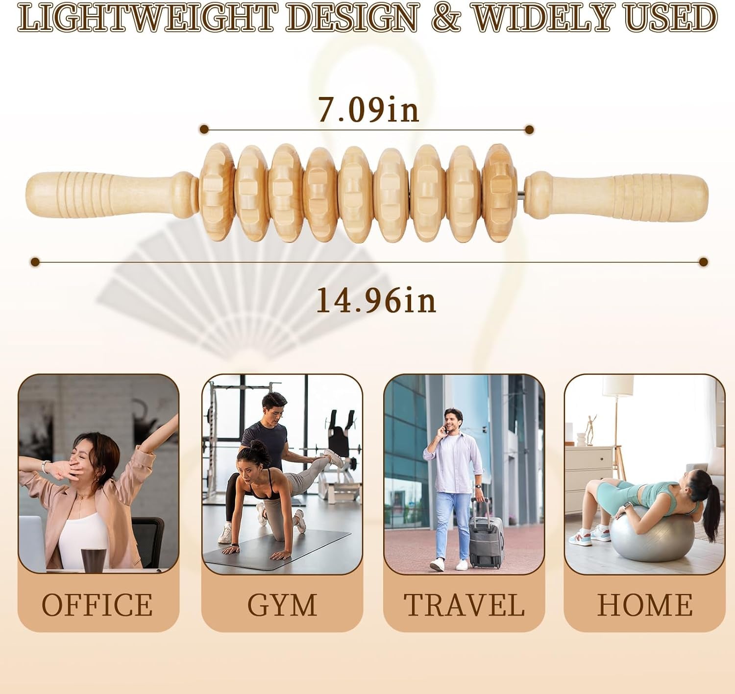 Manual Wooden Fascia Massage Roller Trigger Points for Release Cellulite Sore Muscle Blasting (Straight-9-Wheel)