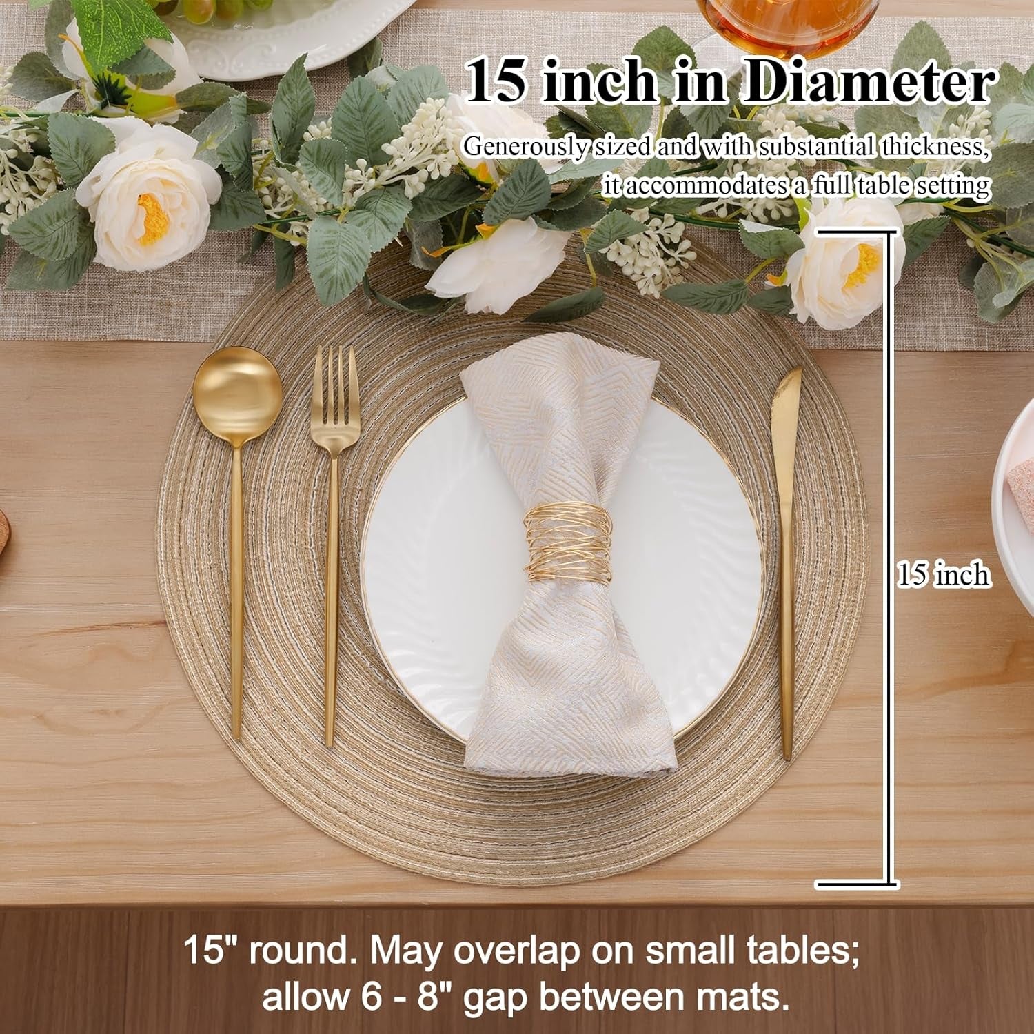 round Braided Placemats Set of 4 Washable Place Mats for Dining Tables 15 Inch Non Slip Kitchen Table Mats (Beige, 4)