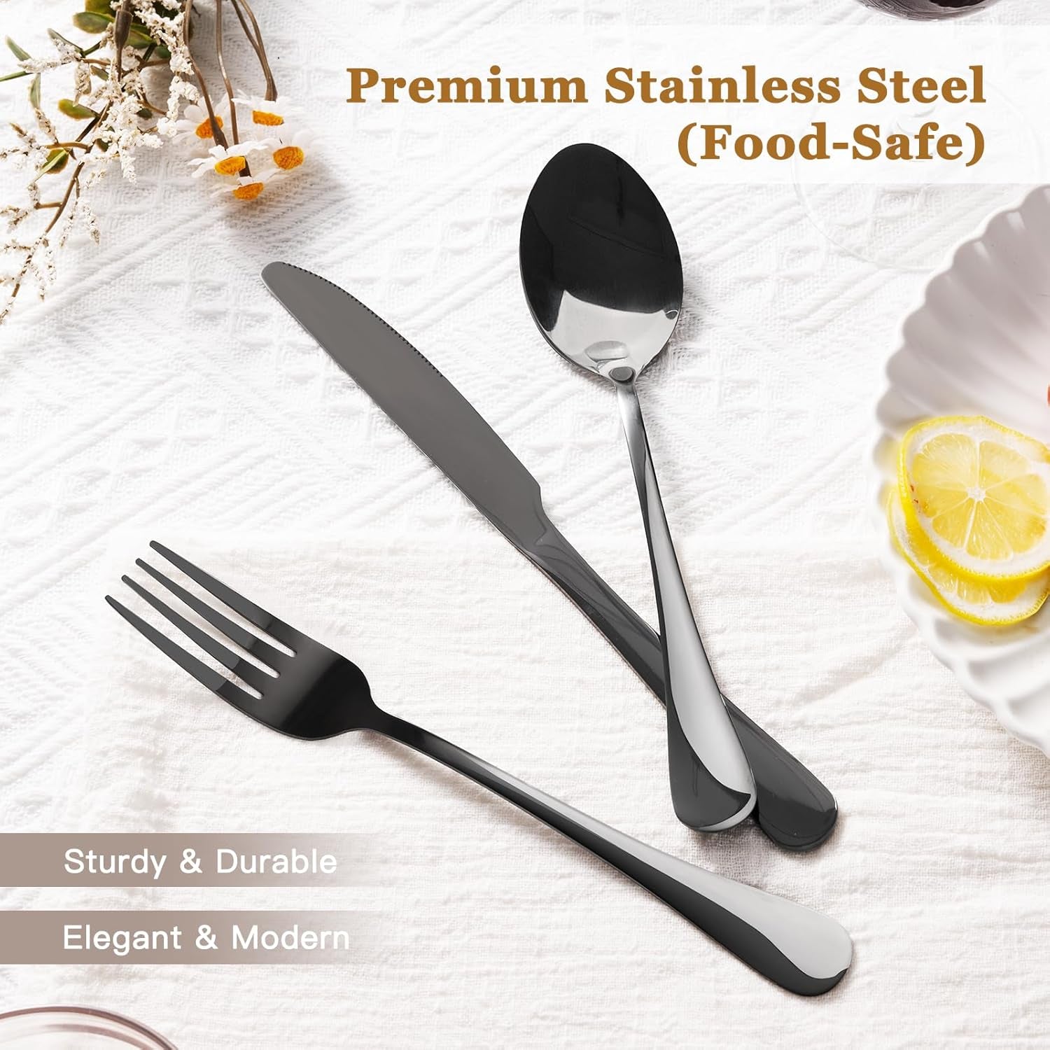 24-Piece Black Silverware Set with Steak Knives Flatware Set for 4 Food-Grade Stainless Steel Cutlery Set Mirror Polished Utensils Set Include Spoons and Forks for Home Kitchen Restaurant