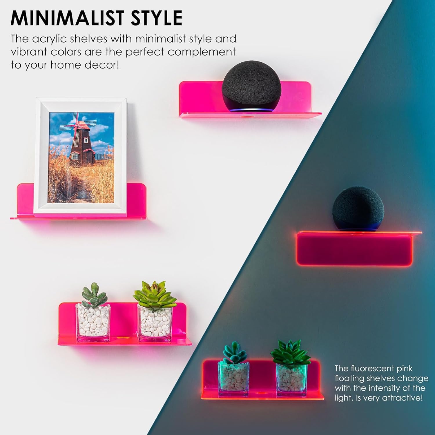 Acrylic Floating Shelves Set of 2 - Easily Expand Wall Space - Small Wall Shelf with Strong Adhesive for Bedroom, Kids' Room, Bathroom, Etc (Fluorescent Pink)