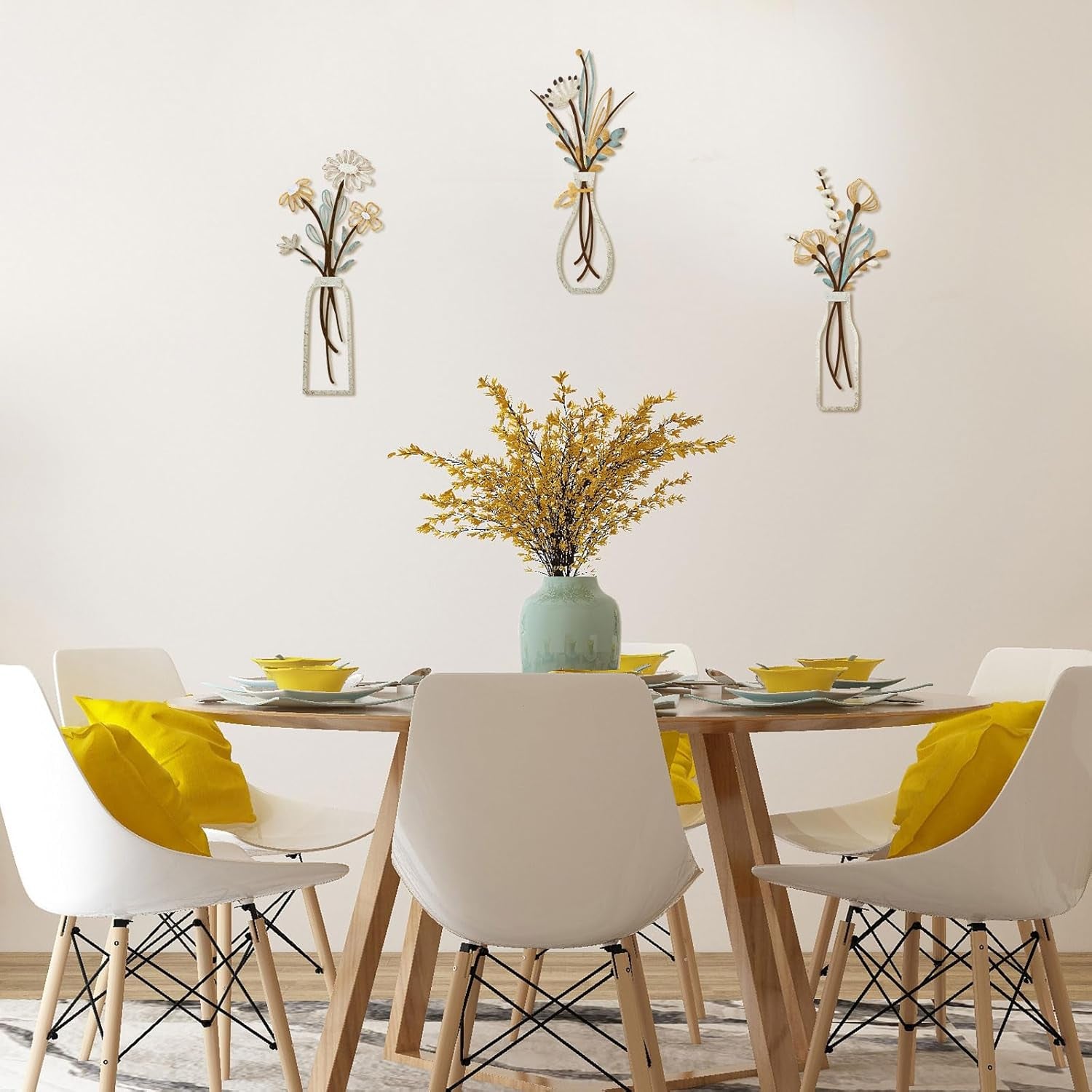 3 Pieces Metal Flowers Wall Art- Rustic Farmhouse Decor Minimalist Decor for Living Room Bathroom Bedroom Dining Room, Housewarming Gifts Christmas Decoration(Beige, Vase-C)