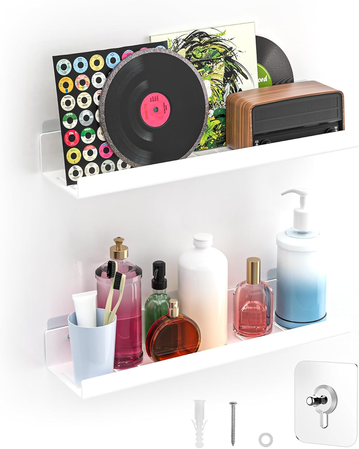 Floating Shelves â€“ Acrylic/Pet Wall-Mounted No Drill Storage with Adhesive, Invisible Bathroom & Bedroom Shelving for Kitchen, Living Room, Transparent Decor (White, 2-Piece Set)