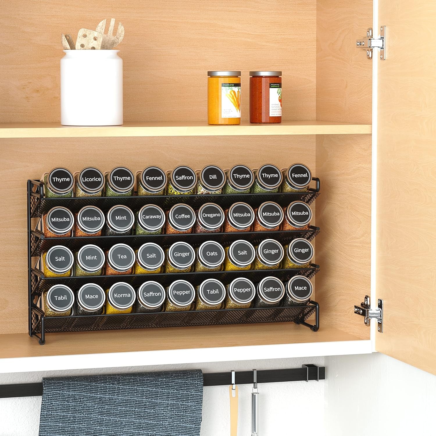 Spice Rack Organizer with 36 Spice Jars, 386 Spice Labels, Chalk Marker and Funnel Set for Cabinet, Countertop, Pantry, Cupboard or Door & Wall Mount - 36 Jars, 17.2" W Ã— 10.8" H, Black