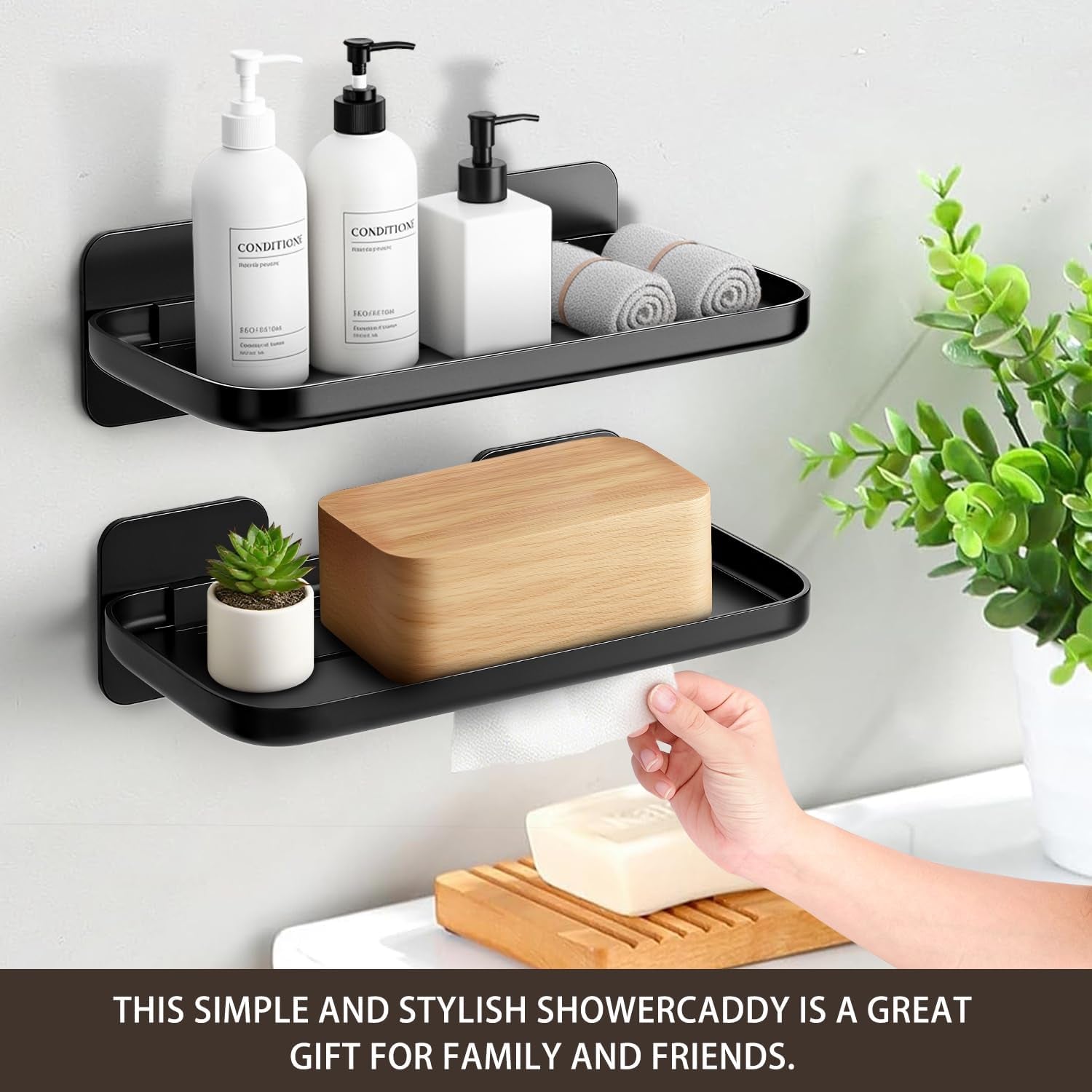 2Pc Wall Mounted Floating Shelf, Self Adhesive Small Shelf, No Drill Shelves for Wall, Floating Shelves Damage-Free Expand Walls Space for Living Room Kitchen Bathroom (Black)