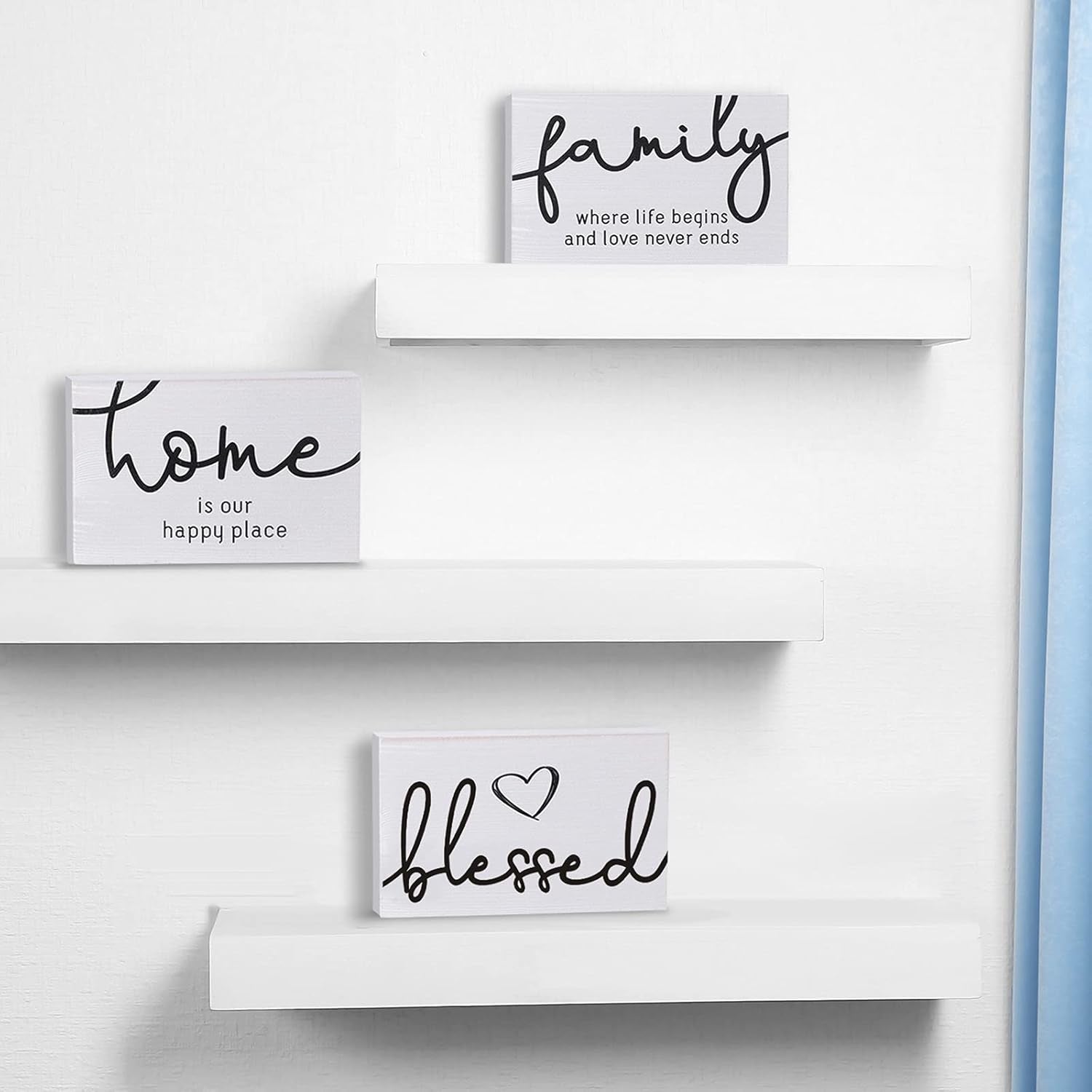 3 Pcs Family Home Blessed Rustic Wood Sign Mini Wood Decorative Farmhouse Woodworks Table Shelves Decorations Sign for Bedroom Kitchen Living Room Table Decor(White,4.25 X 2.76 X 0.59 In)