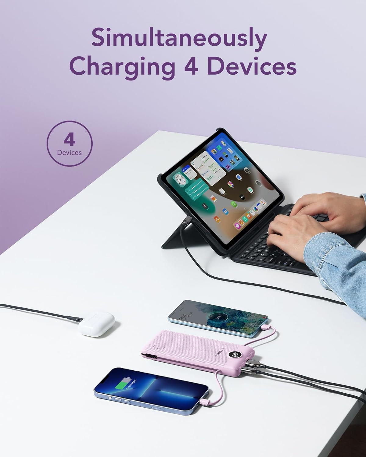 Portable Charger with Built-In AC Plug and Cables, All in One 10000Mah Ultra Slim Power Bank Travel Essentials, Fast Charging Battery Pack Compatible with Iphone, Samsung, Android (Purple)