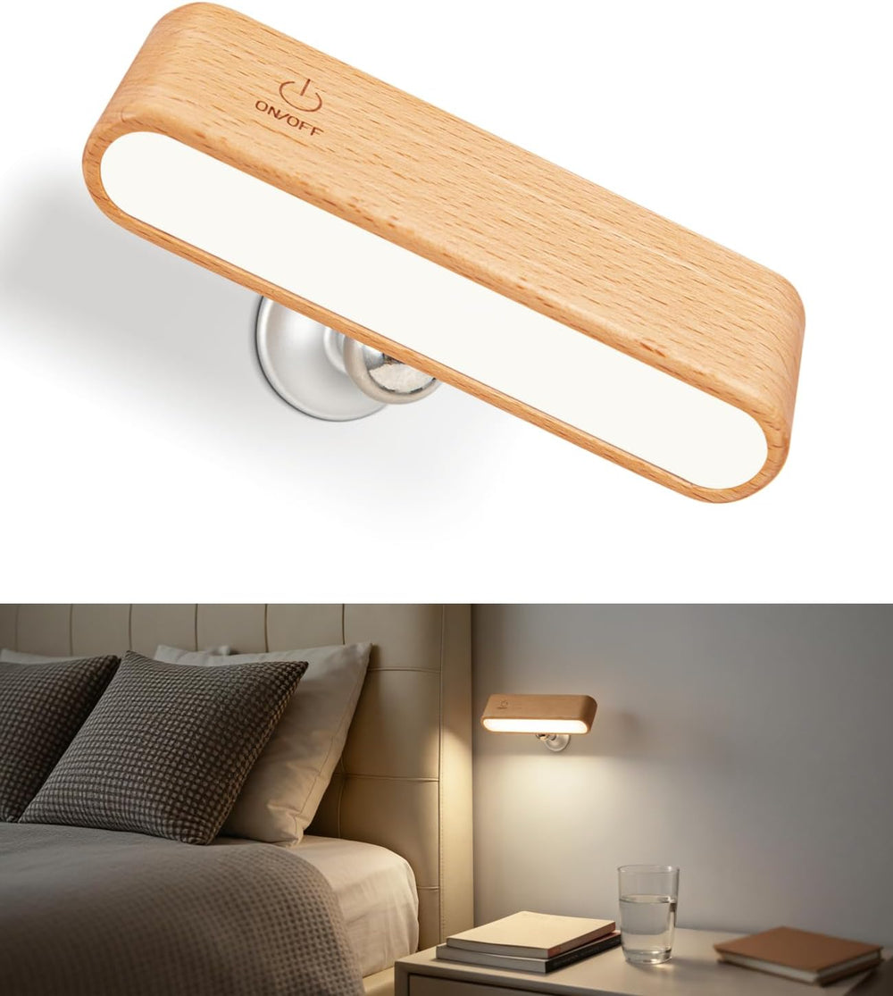 Wood LED Wall Sconce, Magnetic 360Â° Rotatable Wall Mounted Night Light & Reading Light, Small Rechargeable Battery Powered Bedside Wall Lamp for Bedroom, Living Room, Beech Wood