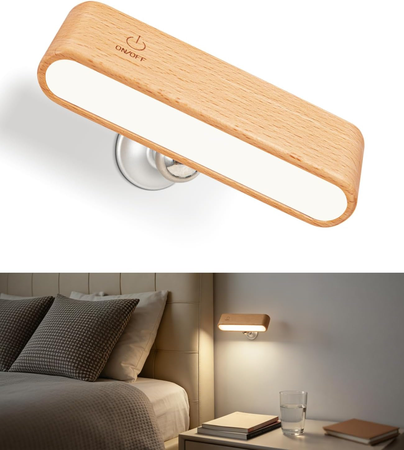 Wood LED Wall Sconce, Magnetic 360Â° Rotatable Wall Mounted Night Light & Reading Light, Small Rechargeable Battery Powered Bedside Wall Lamp for Bedroom, Living Room, Beech Wood