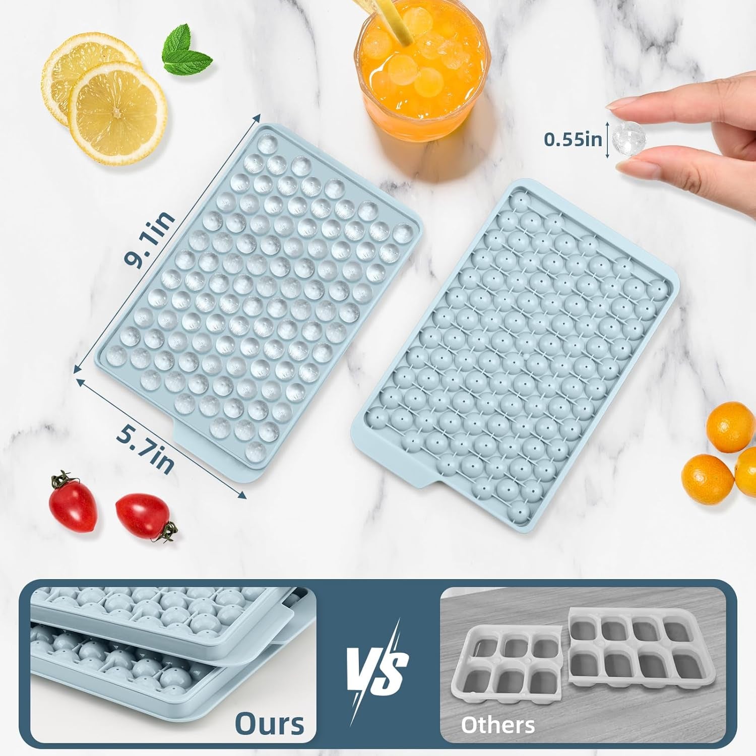 Mini Ice Cube Trays, 0.55” Tiny Pebble Ice for Iced Coffee & Cocktails, Fast Chill, Easy Twist Release, Stackable with Lid & Storage Bin (4 Pack, Blue)