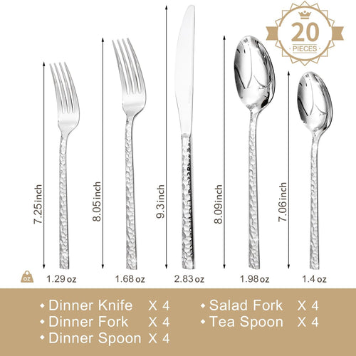 20 Piece Hammered Silverware Set, 18/10 Stainless Steel Flatware Set for 4, Cutlery Set for Home, Party, Wedding, Mirror Polished Dishwasher Safe