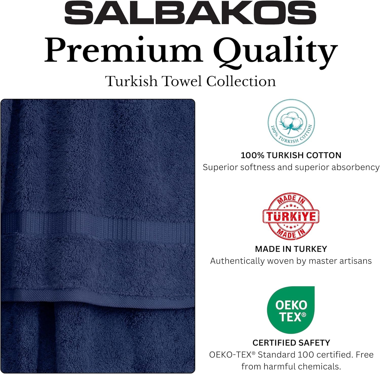 '- Luxury 6 Piece Towel Set, 100% Turkish Cotton, Quick Drying, Highly Absorbent & Comfy, Includes 2 Bath Towels, 2 Hand Towels & 2 Washcloths | (Navy)