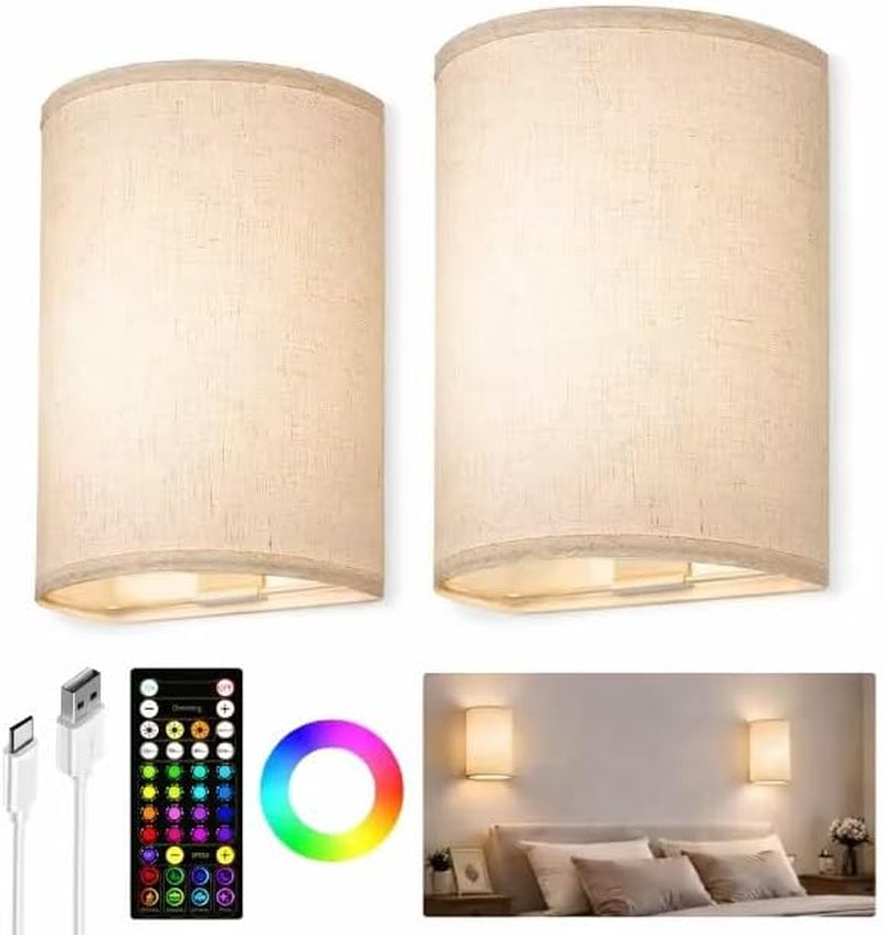 Battery Operated Wall Sconce, Rechargeable Wall Sconces Set of Two with Remote, 3 Color & 80 RGB Wireless Wall Mount Light, Dimmable, Timer, Peel and Stick, Fabric Linen Wall Lights for Bedroom