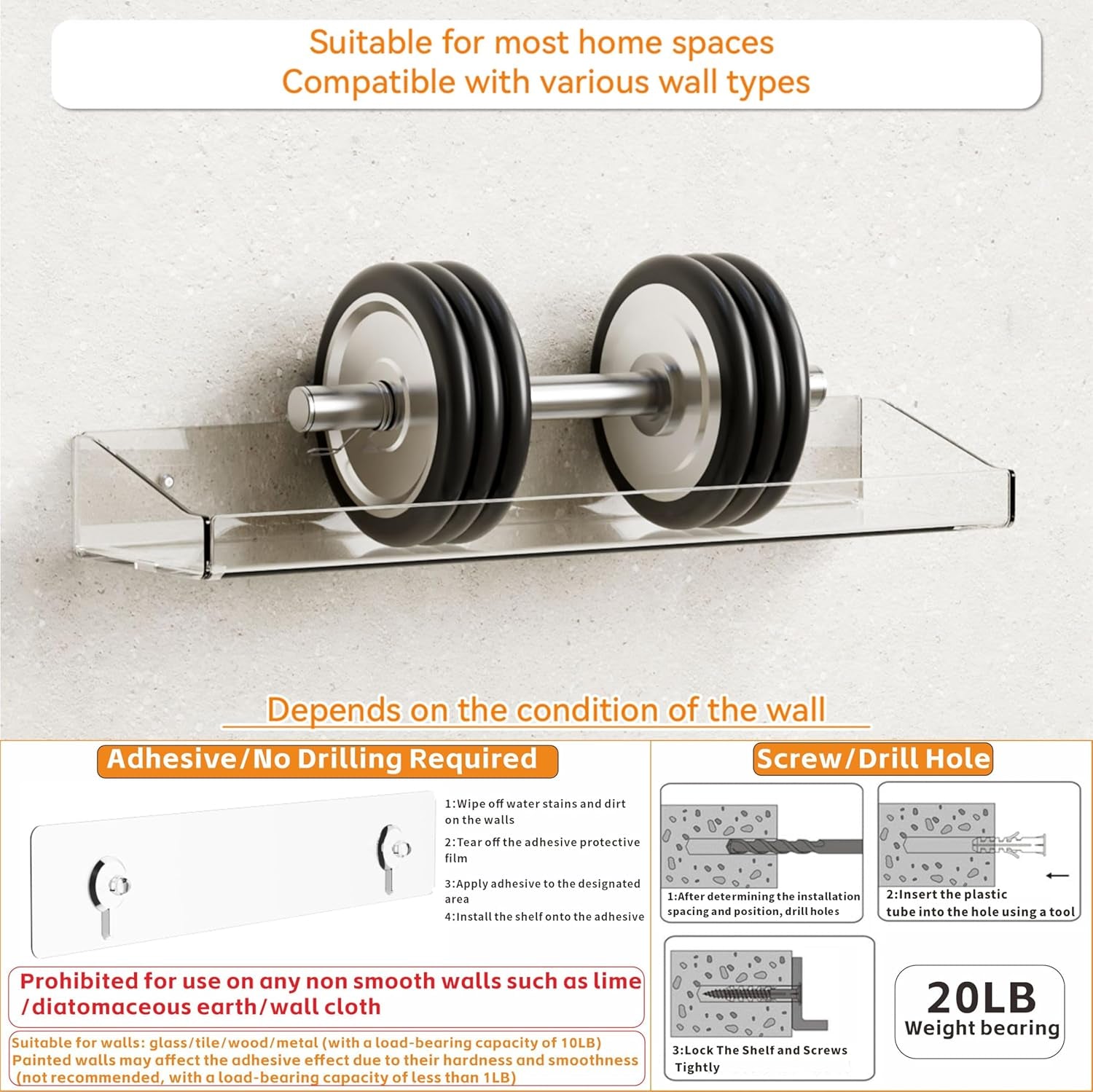 2 Pack Clear Shower Shelves for Tile Walls,Adhesive Acrylic Bathroom Shelves Organizer and Storage,No Drill Acrylic Shower Wall Caddy & Shelf,Floating Shelves for Makeup,Perfume,Shampoo Holder