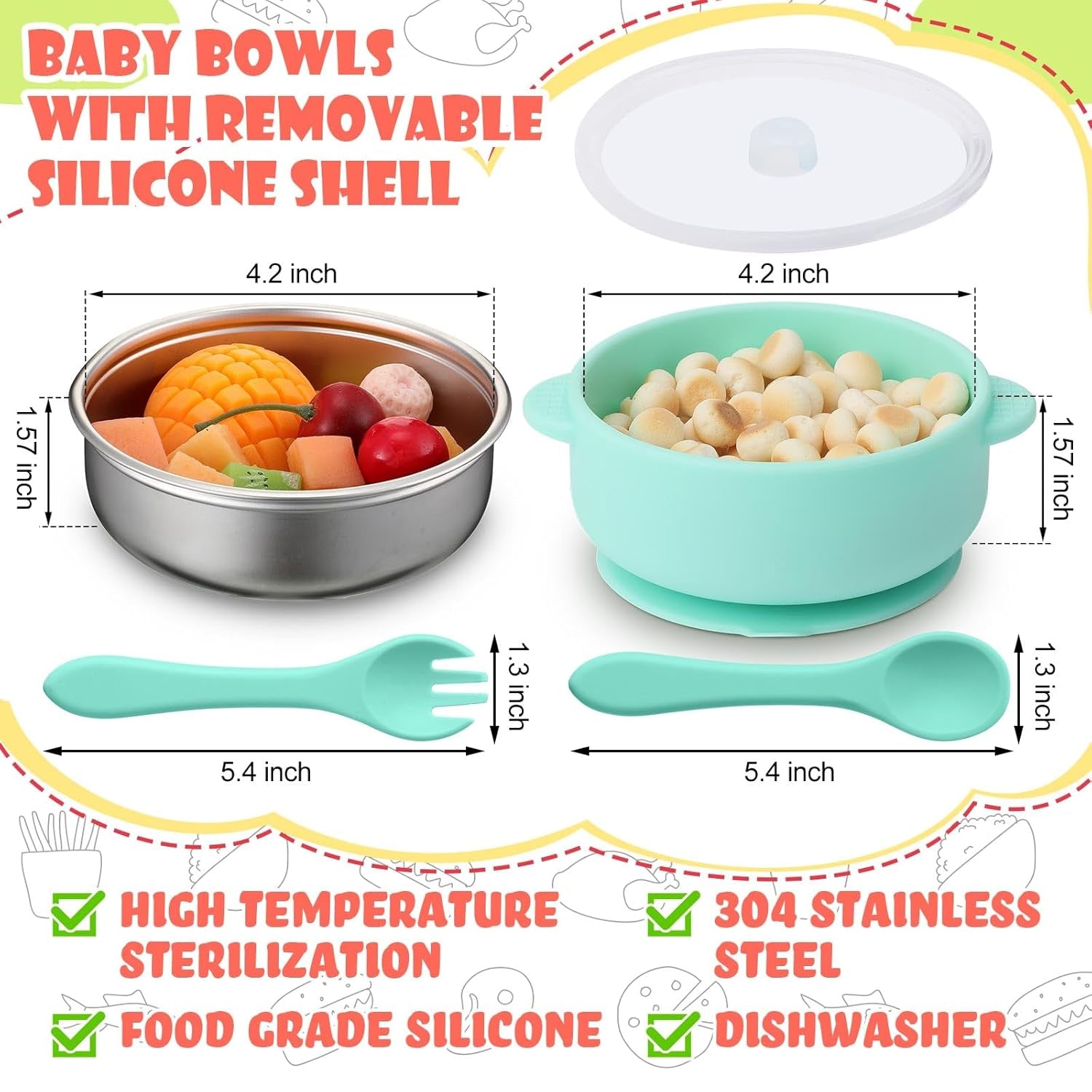 4 Sets 304 Stainless Steel Baby Bowls with Removable Silicone Shell Toddler Bowls with Suction Kids Bowls with Lids Spoons and Fork anti Scald, Dishwasher Safe (Blue,Green,Yellow,Purple)