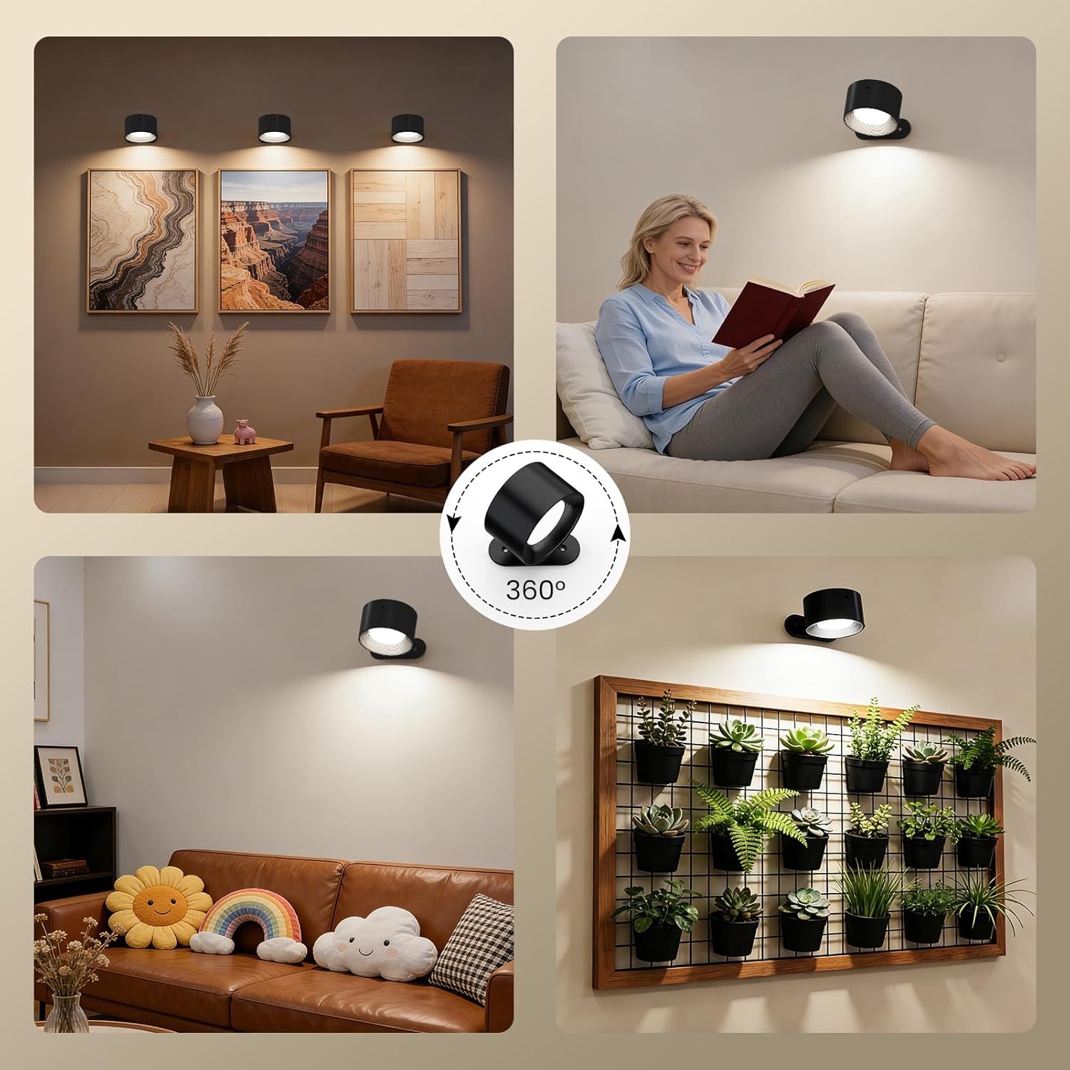 3 Pack LED Wall Sconces, Battery Operated Wall Lights for Reading, Cordless Bedside Lamp with Remote & Touch Control, 360Â° Magnetic Rotation & Rechargeable, 3 Color Modes Dimmable (Black)