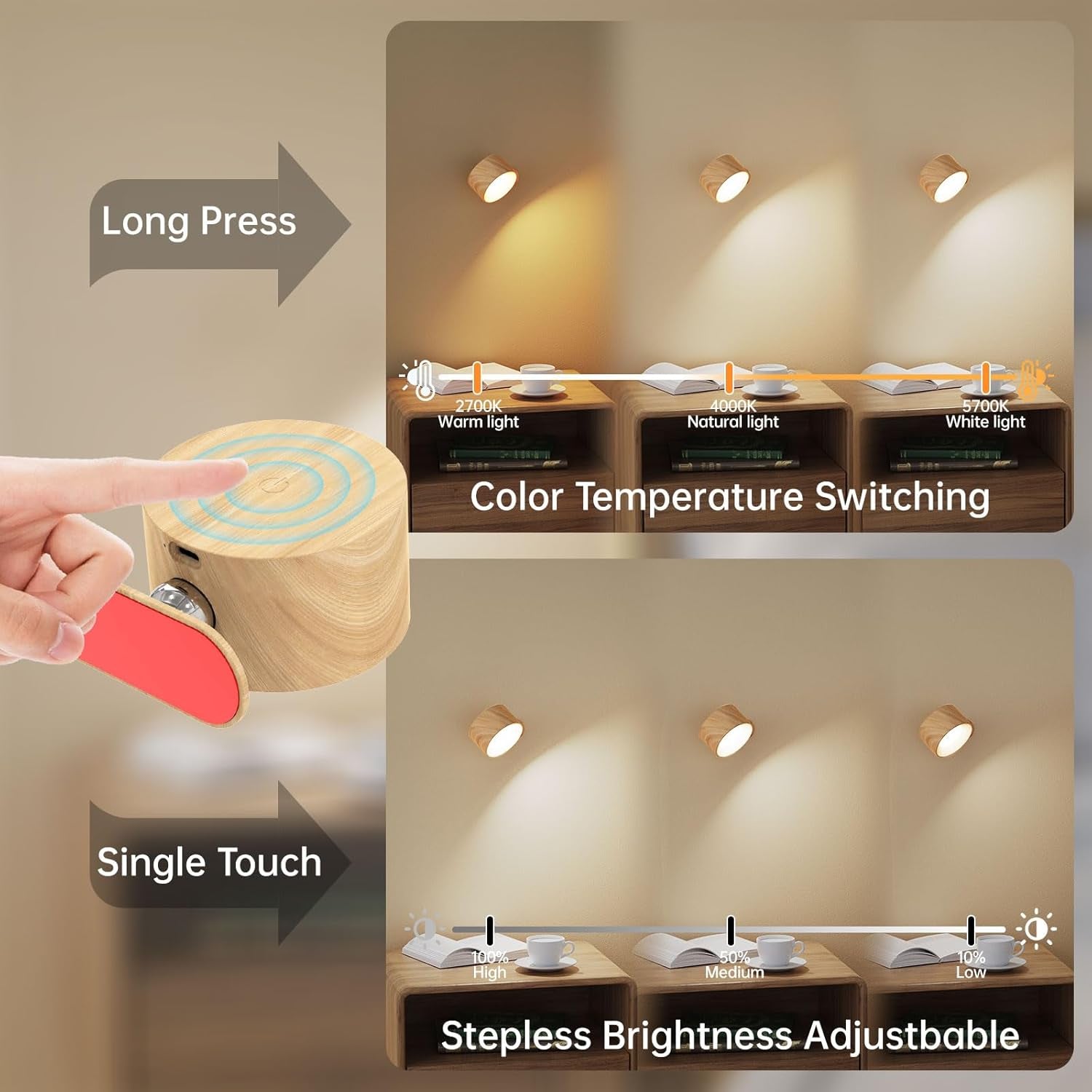 2PACK LED Wall Lamps with Rechargeable Battery Operated, Wall Mounted Lights with 3 Brightness 3 Color Temp Removable Charging 360Â°Rotate Magnetic, Cordless Wall Sconces for Reading Bedside