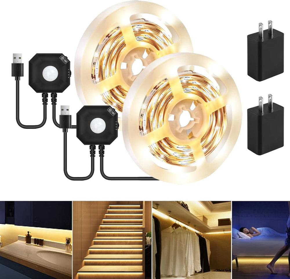 Motion Sensor LED Light Strip, 2PCS 9.8Ft Motion Sensor Light Indoor with Automatic Shut-Off Timer, Motion Activated Bed Lights under Cabinet Lighting Kit for Bedroom Home Hallway-Warm White