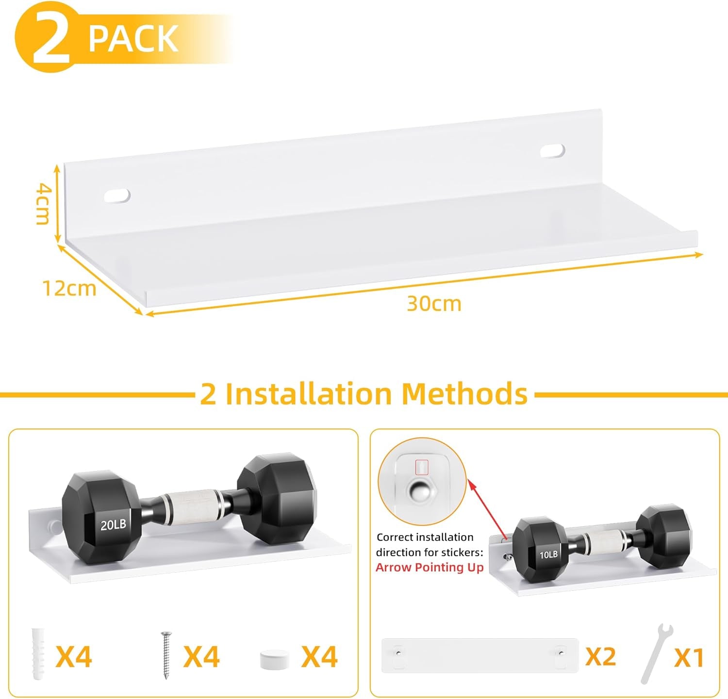 Adhesive Wall Shelf 2 Pack, Modern Floating Shelves for Wall 11.8Inch, Metal Wall Mounted Display Ledge Shelf for Living Room, Bedroom, Bathroom